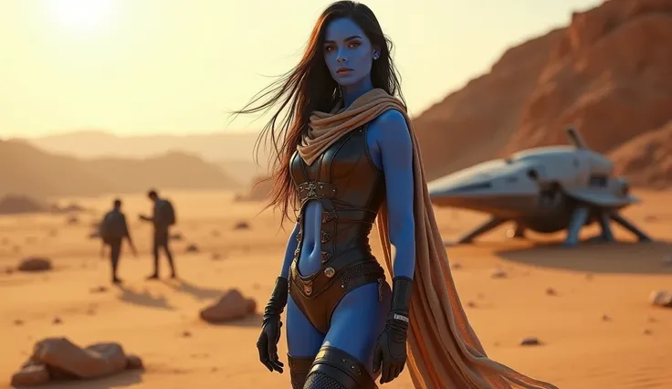 "A beautiful and alluring blue-skinned woman with long, flowing hair, standing confidently in a desert landscape. She has an athletic, curvaceous physique with a strong and elegant presence. She is wearing a detailed, futuristic leather-like outfit with me...