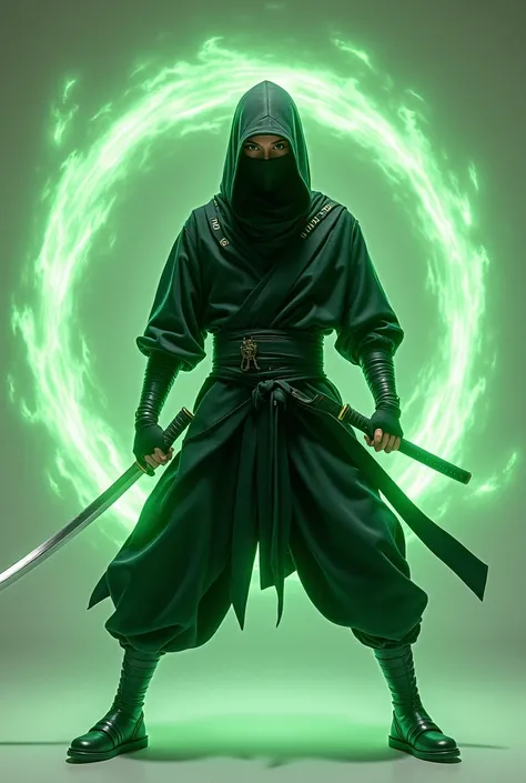 Create a ninja holding a katana surrounded by green rays with a heroic pose 