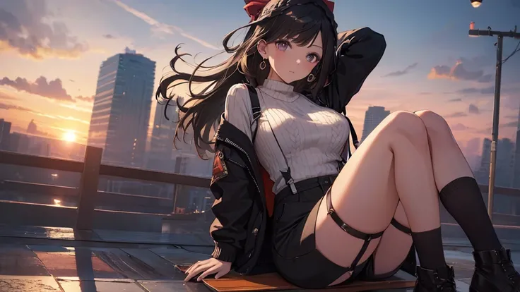 Alone,  one girl, (Human Ear, Earrings), (black hair), (Cross your arms behind your head and place them between your knees), (Calm face), (Hair Accessories), (Suspenders, Cable warp knit sweater ,  leather shorts , garter belt, Stockings), (Sunset Sky, Sun...