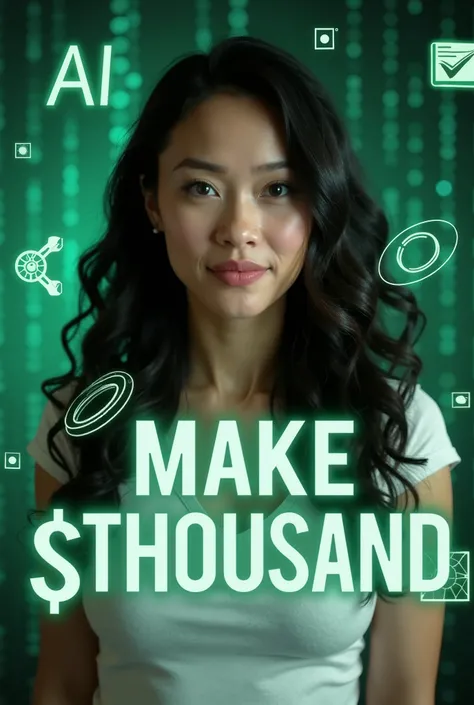 

"An engaging and modern YouTube thumbnail with a professional-looking woman in focus, long curly dark hair, wearing a white top, with a confident expression. The background features a high-tech green theme, displaying a digital matrix style with gradient...