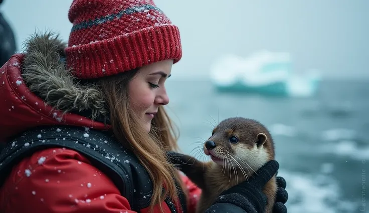 creates a realistic image of a American woman, she is professional rescue, helping the cute baby otter in a motor trawler on the high seas in winter, ice blocks in water, heavy snow falling
