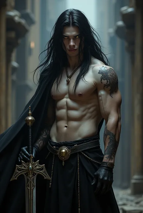 Demon prince with sexy long black hair
Younger
With golden eyes 
That it has a sword with an imperial logo 
More muscular
Pale