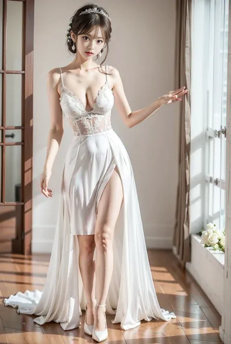 church、 Wedding Style、 pure white wedding dress、thin fabric prom dress、wedding dress with lots of flares、Small Rose Embroidery 、 length short prom dress、 wedding veil、pearl earrings、Large Breasts、Best Breasts、Firm breasts、Beautiful breasts、Big Breasts、Bust...