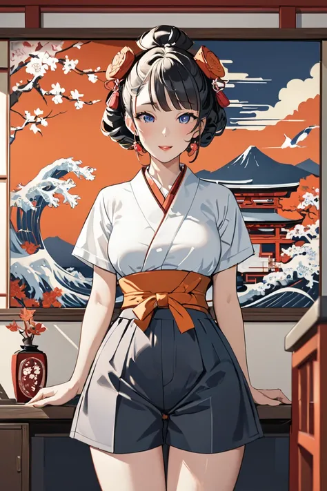   masterpiece on penis ,  great quality,  top quality,  high definition , 4K, 8k, 超 high definition , 
 Ukiyo-e painting style , Orange World,
1girl,   paper bag waist shorts, .,  perfect eye details , Japanese tourism ,
