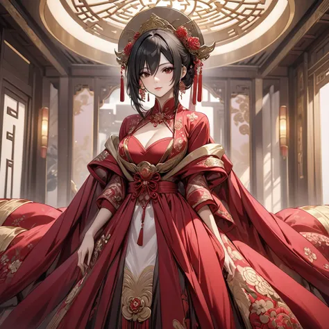 (( top quality)), ((masterpiece)), ( Details), （ perfect face）、The woman is a dark-haired Mikasa Ackerman, prepared to become an ideal Chinese woman, completed brilliantly, and presented to a man in power in China、She became an ideal Chinese woman who was ...