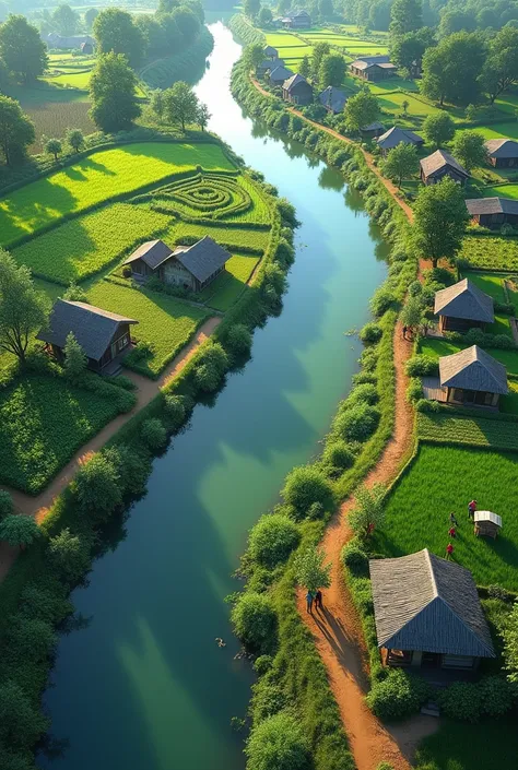 a river from drone spot , and some people farming crops , living in their houses happy