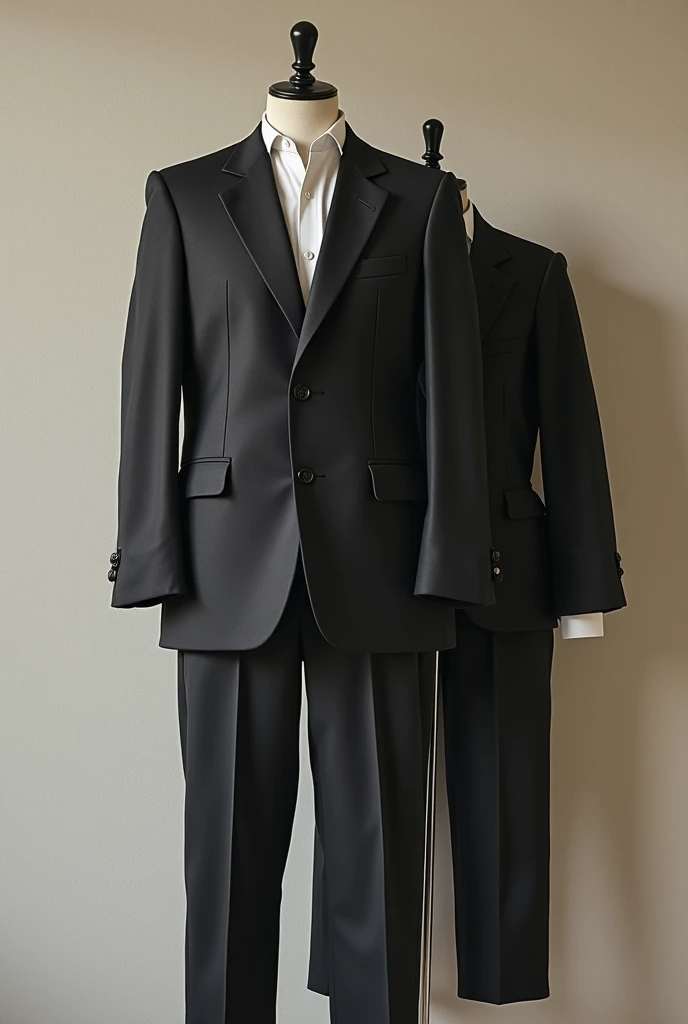  A stylized photo with tailoring pieces (Ex.: blazer, pants, shirt) partially revealed on a neutral background 