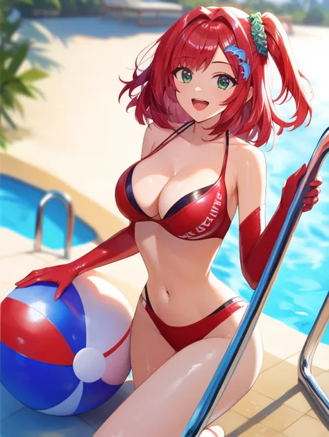 score_9_up,score_8_up,score_7_up,masterpiece,best quality,highres,incredibly absurdres,ultra-detailed,illustration,soft lighting,smooth skin,shiny skin,glossy skin,1girl,large breasts,looking at viewer,beachball,caustics,plant,pool,pool ladder,poolside,hap...