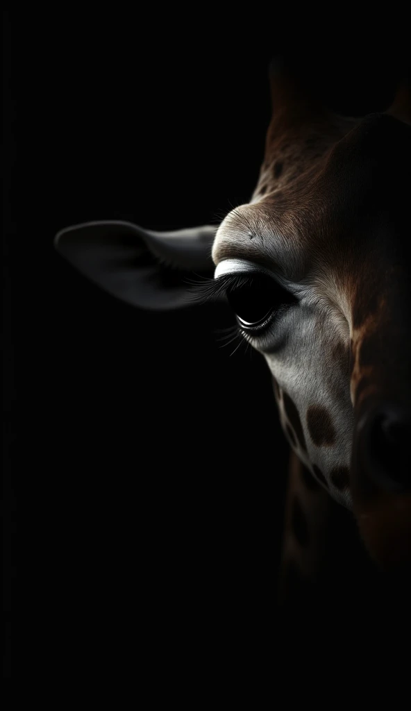 "A serene close-up of a giraffes large, gentle eye, framed by long, dark lashes. The black background creates a calming, minimalist effect."