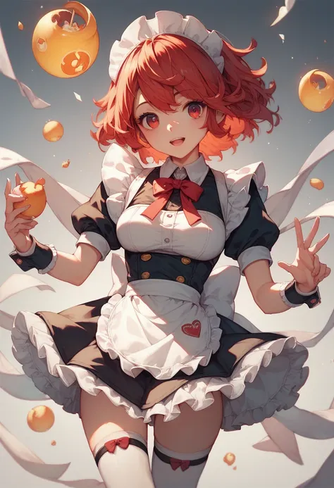 cute anime girl, yellow red hair, red eyes, maid outfit, short skirt, side profil, jump, princess, big boobs