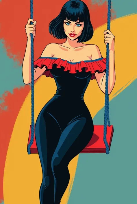 Vector illustration, 1girl, solo, minimalist, flat color, A Female with bob black haircut with blue eyes and Red lips, bare shoulders, wearing a stylish black jumpsuit. The jumpsuit features a red off-the-shoulder ruffle at the top, which is accented with ...