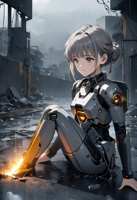  Best Artist,anime,(8k,  top quality)、 super high resolution、Adorable、 top quality, beautiful, Absurd beauty、  masterpiece on penis 、 Max Image、Rainy old background,Broken Android,A sad and poignant piece,Grey World,An android girl who continues to believe...