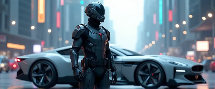 A futuristic police officer standing in front ,  a futuristic police car on the officers right side