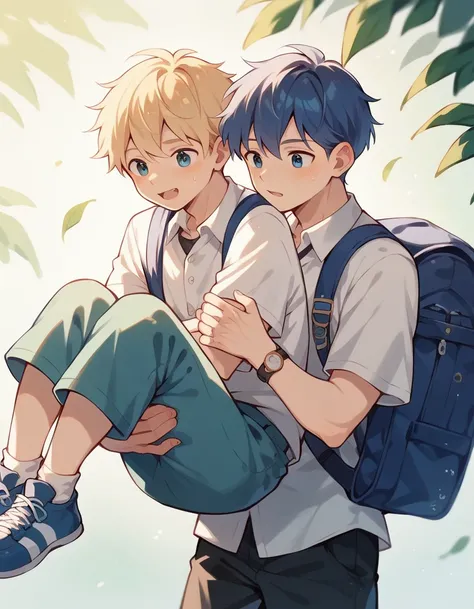 First-year elementary school boys carry blue backpacks and show cute patterned diapers full of cute pee