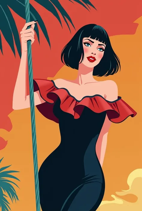 Vector illustration, 1girl, solo, minimalist, flat color, A Female with bob black haircut with blue eyes and Red lips, bare shoulders, wearing a stylish black jumpsuit. The jumpsuit features a red off-the-shoulder ruffle at the top, which is accented with ...