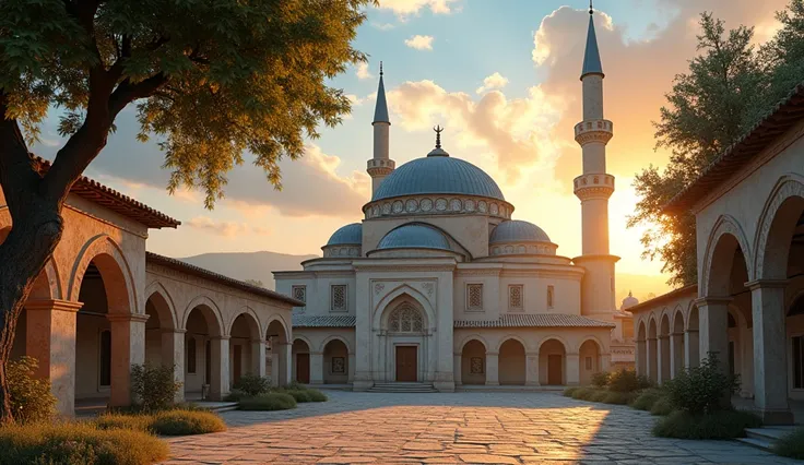 Ancient mosque in the middle of the village, next to a shady tree, morning with bright atmosphere. hyper-realistic, high contrast, high color effect, 8K, detail, focus.