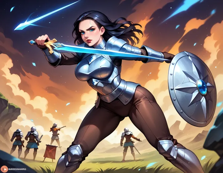 High quality, high resolution, masterpiece, 1 girl, beautiful, armor, gorgeous ice blue eyes, long wavy black hair, plump red lips, slim, slim waist, big breasts, wide hips, big butt, curvy, knight, sword, shield, badass, cool, awesome art, calm, cool pose...