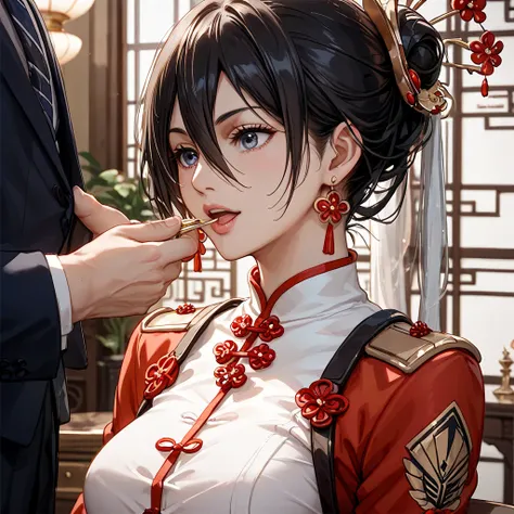 (( top quality)), ((masterpiece)), ( Details), （ perfect face）、The woman is a dark-haired Mikasa Ackerman, prepared to become an ideal Chinese woman, completed brilliantly, and presented to a man in power in China、She became an ideal Chinese woman who was ...