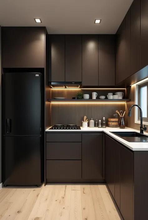 kitchen planned in a small apartment, modern and contemporary style, with dark colors (brown and black), small cabinets, large black refrigerator, counter for sink with a modern faucet and barbecue next to it. The kitchen should have a not very large count...