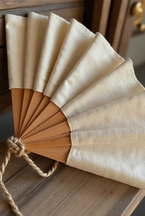 Fan made of wood with wooden and fabric blades tied with ropes