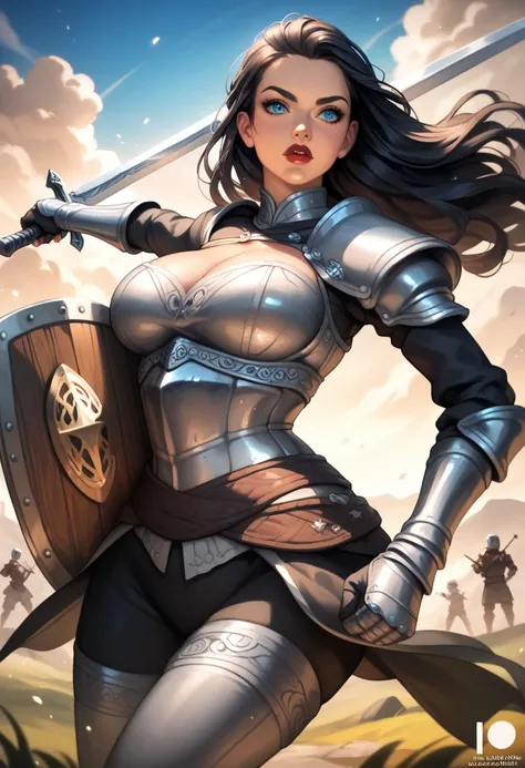 High quality, high resolution, masterpiece, 1 girl, beautiful, gorgeous ice blue eyes, long wavy black hair, plump red lips, slim, slim waist, big breasts, wide hips, big butt, curvy, knight, sword, shield, badass, cool, awesome art, calm, cool pose, battl...