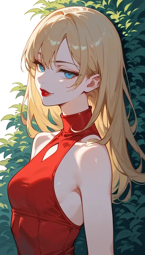 Artwork,,,,back view,adult female,single woman,alone,dark blonde hair,long straight hair,long bangs with hair,blue eyes,half closed eyes,red lipstick,full lips,expressionless,pale skin,small full breasts,long red dress with high neckline,full bangs,looking...