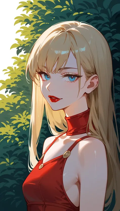 Artwork,,,,back view,adult female,single woman,alone,dark blonde hair,long straight hair,long bangs with hair,blue eyes,half closed eyes,red lipstick,full lips,expressionless,pale skin,small full breasts,long red dress with high neckline,full bangs,looking...