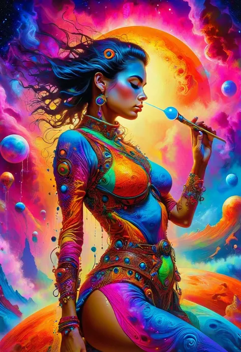 salpicos de cores，Paint splashing，Captivating psychedelic surreal neon amazing universe beautiful gorgeous women in a bright colorful neon light，Mark Reiden、daniel merriam、Bright neon colors in the style of Frank Frazetta and Boris Vallejo, 、photohyperreal...