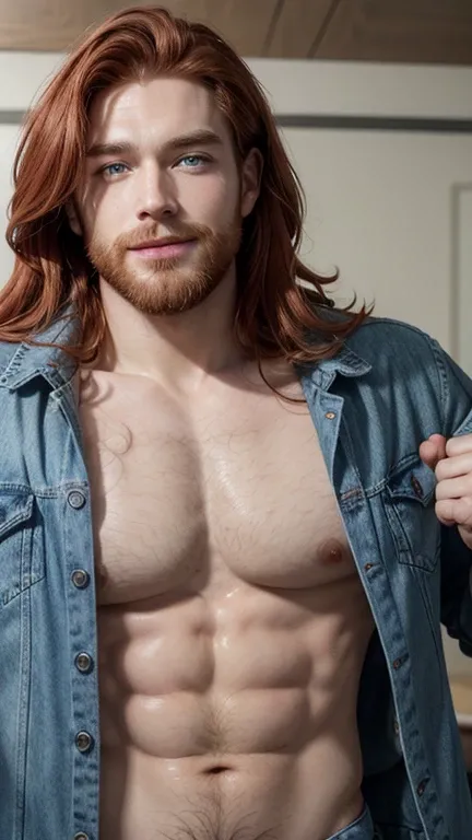 A man, with fairly white skin, red hair, trimmed beard, handsome, muscular, exaggeratedly long reddish hair with big blue eyes, has a big sensual smile, wears a jean jacket and has no shirt underneath, which allows you to see his big pectorals. Marked and ...