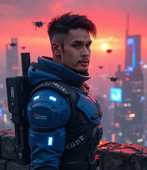 "Close-up shot of Raihan standing on a crumbling rooftop overlooking a futuristic city partially overtaken by robots. His face is calm but determined, with a faint scar on his left cheek, matching his short, well-groomed hair and trimmed beard. He wears a ...