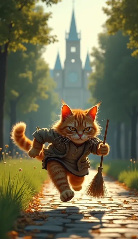 The anthropomorphic ginger cat, visibly disheveled and sweaty, sprints down a long, cobblestone path lined with trees, heading toward a majestic church in the distance. Its torn clothes flutter as it runs, clutching its broom and wiping sweat from its face