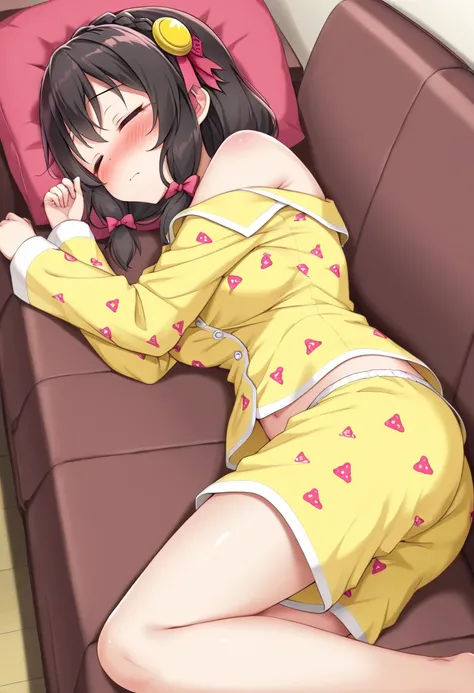 yunyun、masterpiece, top quality,  high definition ,(One person:1.2), Yunyun、  crown braid the same color as my hair,  black hair、 hair accessories , ( yellow pajamas with my shoulders out )、Pajamas with black shorts 、 big-breasted 、blush、(Im sleeping on th...