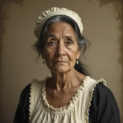 View/Shot: Upper-body portrait, centered, with Abigail looking directly into the camera. Her expression is calm and wise, exuding an air of quiet strength and resilience.

Subject: A 65-year-old woman of mixed Native American and European descent, with dis...