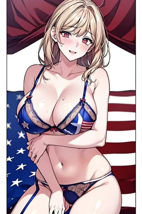 (masterpiece, best quality:1.2), 1girl, solo, laugh,masterpiece, best quality, in detail,cute, (split), whole body, (((USA flag sexy lingerie))) ,sexy, (Beautiful breast), (beautiful body),large breast, Very detailed、highest quality、Best image quality , ((...