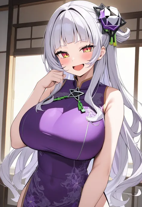 ( top quality, 8k, masterpiece),  girl , young , Idol , 1 person ,  murasaki shion,  hololive , Silver Hair  , Big Breasts ,smile ,  like heaven ,  red cheeks  , Tanimachis emphasis  , A rich variety of skin tones  , ( Cheongsam :1.2) , ( huge breasts:1.3)