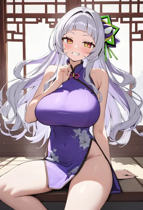 ( top quality, 8k, masterpiece),  girl , young , Idol , 1 person ,  murasaki shion,  hololive , Silver Hair  , Big Breasts ,smile ,  like heaven ,  red cheeks  , Tanimachis emphasis  , A rich variety of skin tones  , ( Cheongsam :1.2) , ( huge breasts:1.3)