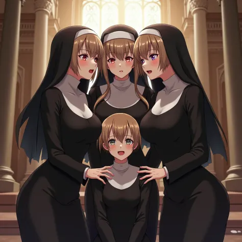 (masterpiece, best quality,ultra detailed,extremely detailed CG,8k,anime),( 4 beautiful and horny sisters seduce 1 young little human boy :80.0),( 4 beautiful and horny sisters are 1 Kissing a young little human boy on the cheek {x} 4 beautiful and horny s...