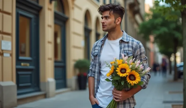 a man with a bouquet of flowers, nervously waiting for someone special, standing in front a building, wearing a casual shirt and jeans