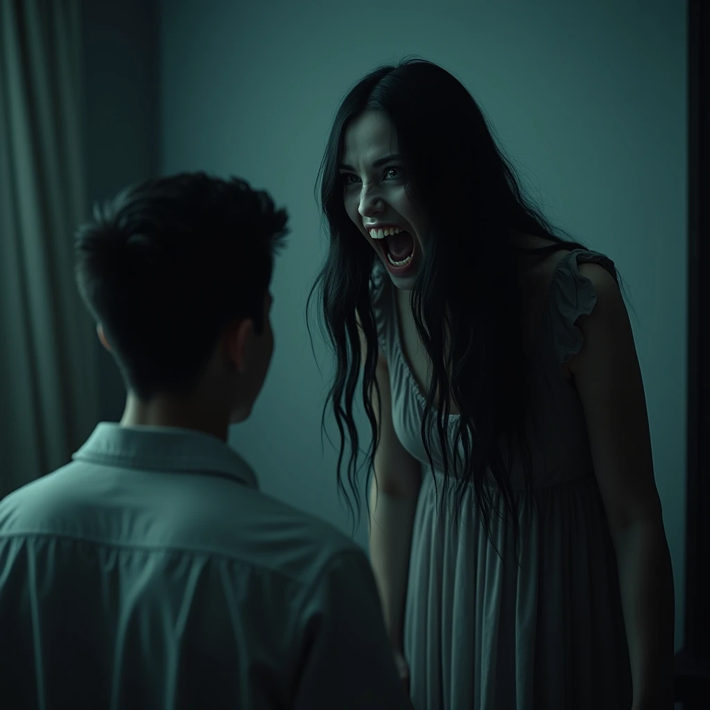 a woman as ghost long black hair, wearing long dress house clothes, at night, natural, teeth smile, eyes bulged, horror, scary, his sit in bedroom while carrying forward with a young man short undercut black hair from back, life-like realistic, real human ...