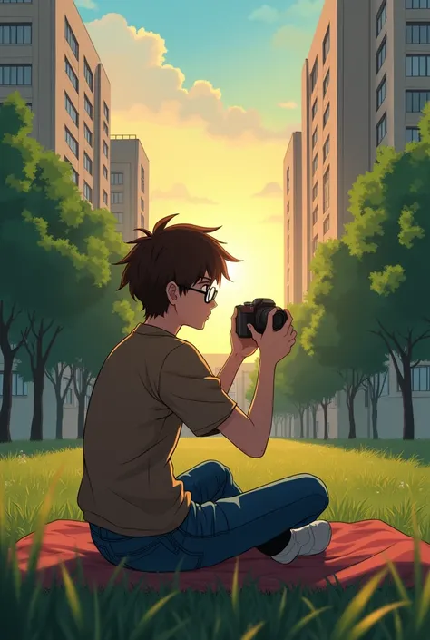 A 17-year-old boy with disheveled brown hair , He is sitting with his back to me ,  in brown shirt ,  of blue jeans and glasses ,  and in his right hand a Nikon .  He is sitting on a blanket , in the middle of a football school field and looks at high-rise...