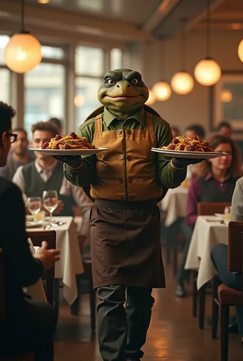 storytelling, stressed, sad, tired, sweat
and scared waiter,with turtle face
wearing uniform and apron, balancing large trays with lot plates of pasta, through a busy restaurant inside a restaurant full of complaining and anxious people in background
