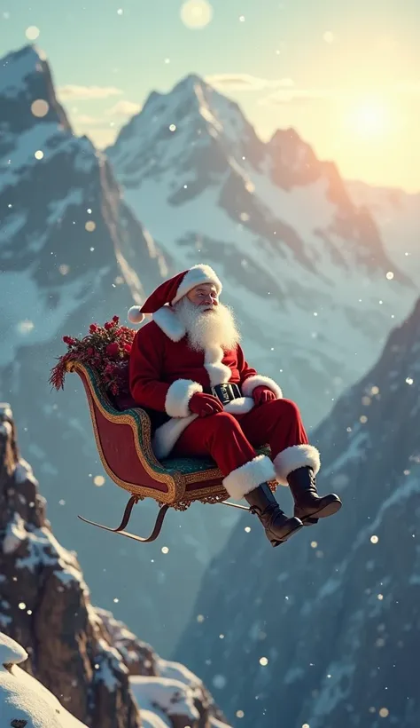 natural and realistic movement of Santa Claus flying through the mountains smoothly