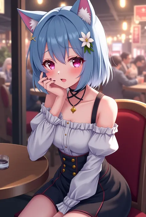 Anime-style mature girl 156 height with short light blue hair, a white flower accessory, pink eyes, cat ears, wearing an off-shoulder white blouse with puffed sleeves, black choker with crossing straps, and a black skirt with red accents and gold buttons, ...