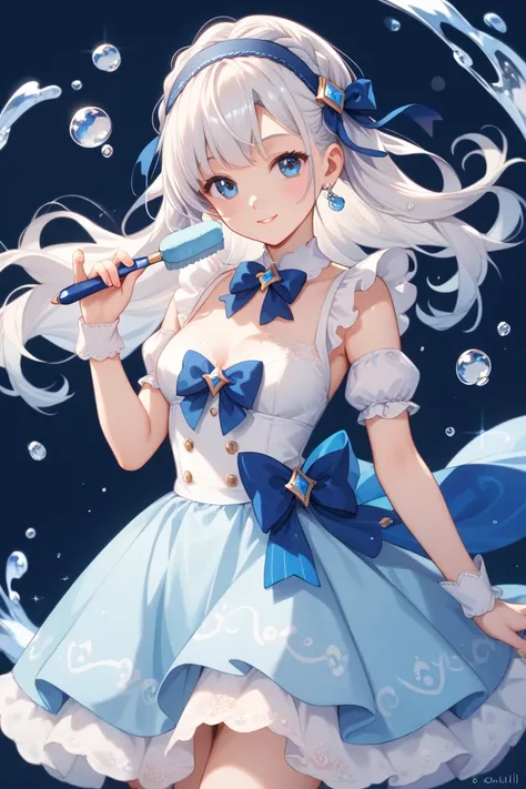  White Hair Braid Headband Blue Small Bow  （Eyes light blue ：1.4） （Wear a light blue and white lace dress plus ：1.4）  Cute Drum-like Drum Hand Holding a Saucepan  （loil：1.5） Lolli Toddler Beautiful Flowing   （Pastel Brush ：1.3） （ Super Detail HD ， Ultra Hi...