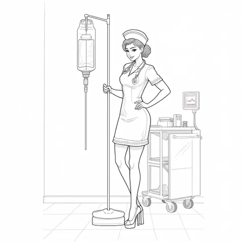 A poised and confident nurse with a sleek, hourglass figure is caught mid-action, carefully adjusting an IV drip for a patient just off-frame. Her fitted uniform dress features crisp lines, short sleeves, and a subtle flare at the hem, ending mid-thigh to ...