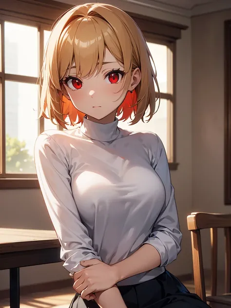 (​masterpiece, top-quality, hight resolution, Unity 8k, extremely details CG:1, Best Picture), 1girl, Upper body, ((blonde hair, (red eyes:1.5), short hair,)), A young woman sitting on a simple chair in a cozy indoor studio setting, looking slightly nervou...