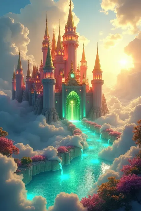 A breathtaking fantasy scene of a celestial paradise, featuring a grand castle crafted from shimmering glass in vibrant colors—emerald green, sapphire blue, and ruby red—each wall reflecting the ethereal glow of the heavens. The castle’s spires are tipped ...