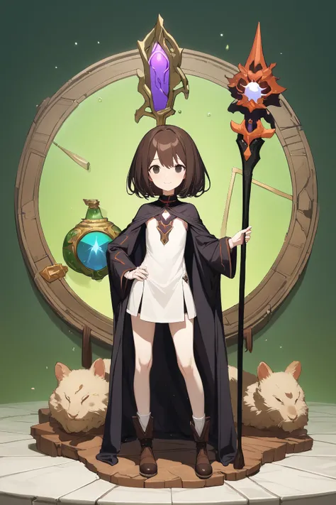 (green background:1.3), No wind, character sprite, Break, 
1 girl, (cute face), Intelligent Look, light smile, , (petite), 150 cm tall,, Standing, feet out of frame, (black short hair, blunt ends), black eyes, (flat chest:1.2), slim, (dark brown Mage Outfi...