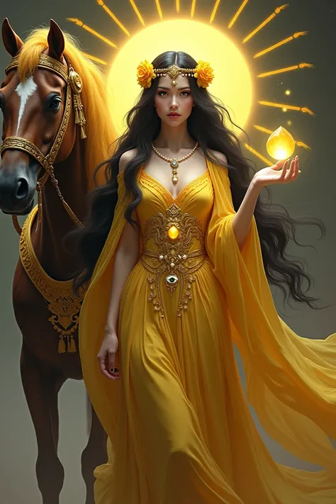 There was a girl who was a goddess to her.      Has long black hair.     The hair is decorated with yellow flowers and yellow ribbons.      She wears a crown of silk.     Her eyeballs are yellow.     She was wearing a very beautiful yellow colored devta dr...