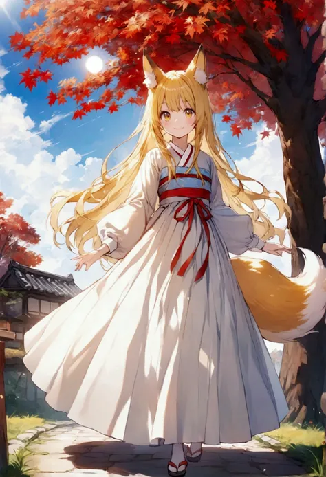  yellow eyes / yellow hair under a maple tree/Improved Hanbok /Fox ears/ Fox Tail /Clear Sun /smile/girl/clear sky/ See image hint for costumes/Background Hanok Street /Sunny/whole body